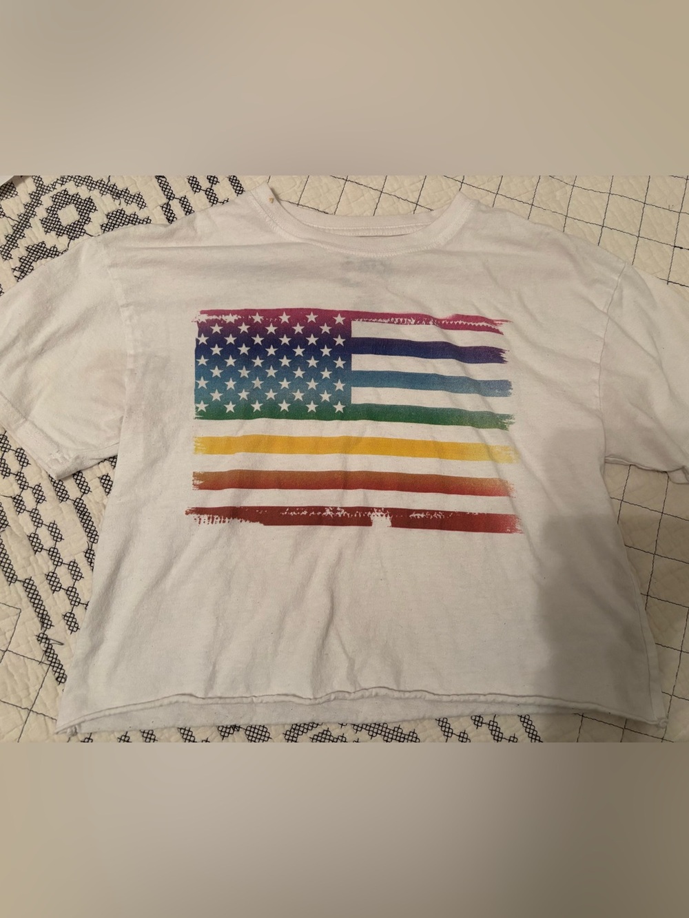Modern Lux White Tee with Rainbow American Flag Graphic XS